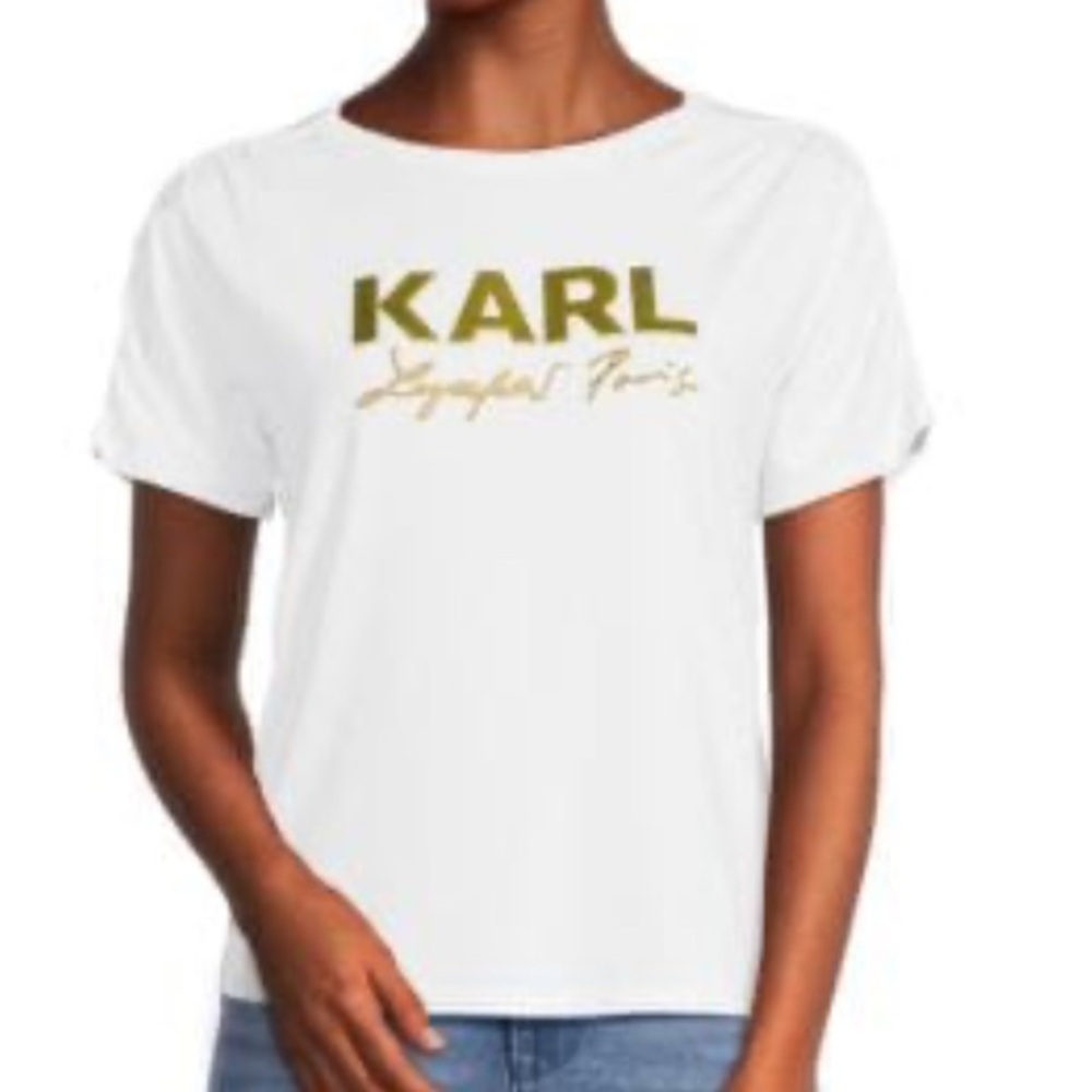 NWT Karl Lagerfeld Gold Graphic White Tee